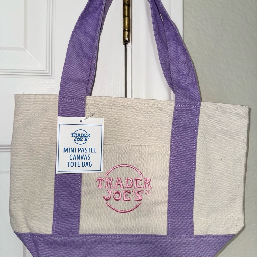 Trader Joes Mini Pastel Purple and Cream Canvas Tote Bag